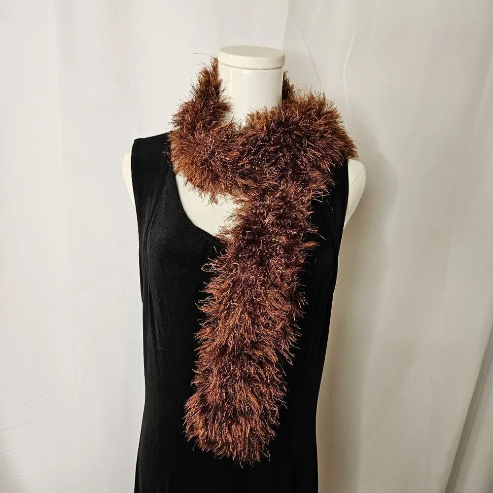 Brown Plush Glitter Eyelash Hand-Knit Scarf Boa Narrow Lightweight